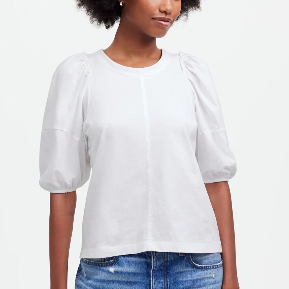 Madewell Puff-Sleeve Ruffle Trim Cotton Jersey Tee White Size M NWT